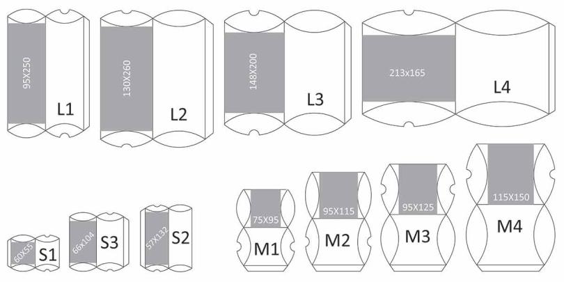 Pregled dimenzija svih modela pillow box kutija u standardnoj ponudi
