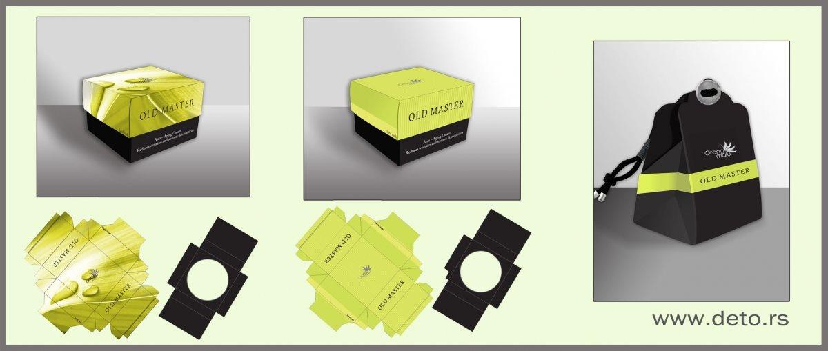 idejno rešenje na zahtev kupca, promo kutija za kremu i kutija za body butter, firma "Orangmalu" - linija OLD MASTER