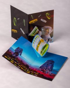 Pop-Up čestitka, promo materijal sa malom pop-up animacijom, 350gr/m2 kunstdruk, pun kolor, sjajna plastifikacija