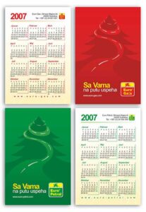 Džepni kalendari, 90X60mm, štampani ofset tehnikom, sjajna plastifikacija