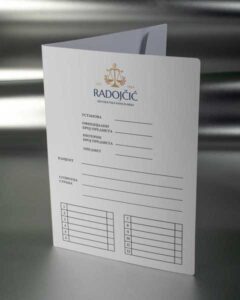 poslovni kartonski folderi sa dve klapne (advokatski spisak predmeta), ofset štampa, dve boje, mat plastifikacija