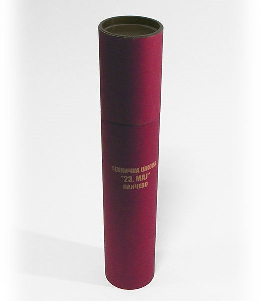 valjkaste tube, obložene reljefnim bordo papirom u boji, ofset štampa, zlatna boja