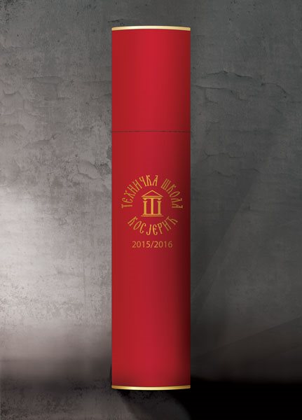 valjkaste tube, obložene reljefnim crvenim papirom u boji, ofset štampa zlatnom bojom, 3d simulacija
