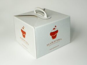 Sklopiva kutija sa ručkom za torte, od kaširanog mikrovala, ofset šampa u jednoj boji