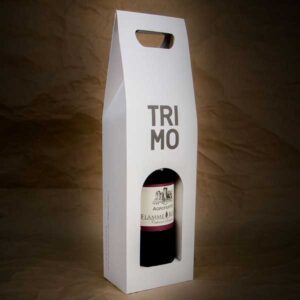 Galerija "Ambalaža za vino" / vinska kutija sa ručkom i nosačem za flašu, Sa prozorom, dve boje ofset, mat plastifikacija