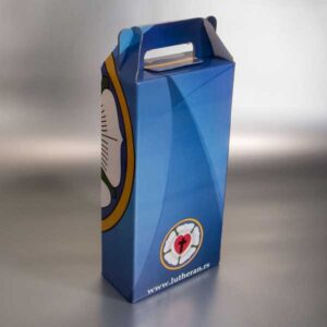 kaširana kutija sa ručkom za dve flaše vina. sa prozorom, kolor štampa, mat laminacija