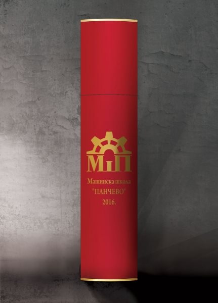 valjkaste tube, obložene reljefnim crvenim papirom u boji, ofset štampa zlatnom bojom, 3d simulacija