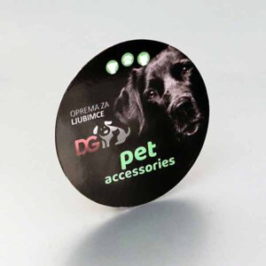 štancovana (okrugla) etiketa za pet shop proizvode, 350gr/m2 kunstruk, sjajna plastifikacija