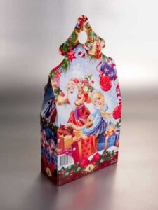 Sklopiva kutija u formi jelkice (novogodišnja), za približno 500gr slatkiša, kolor, plastificirano, novogodišnji paketići