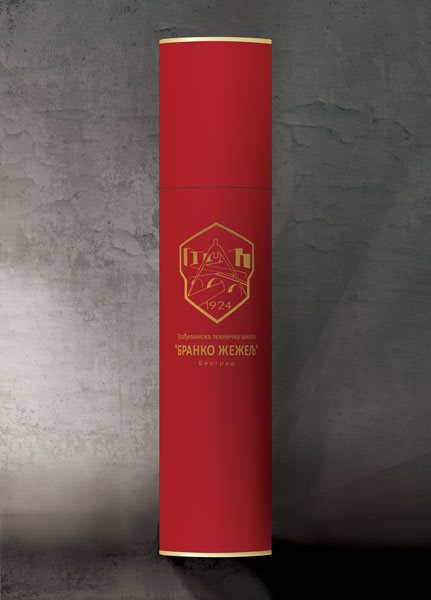 valjkaste tube, obložene reljefnim crvenim papirom u boji, ofset štampa zlatnom bojom, 3d simulacija