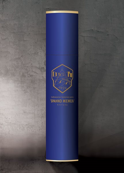 valjkaste tube, obložene reljefnim papirom u teget boji, ofset štampa zlatnom bojom, 3d simulacija