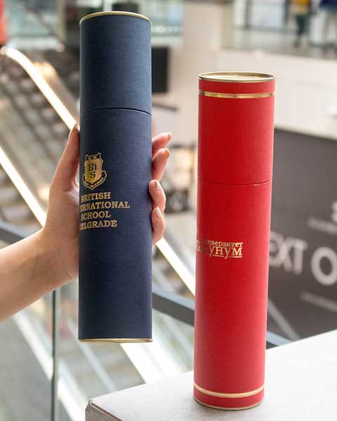 valjkaste tube, obložene reljefnim papirom u boji, ofset štampa, zlatotisak